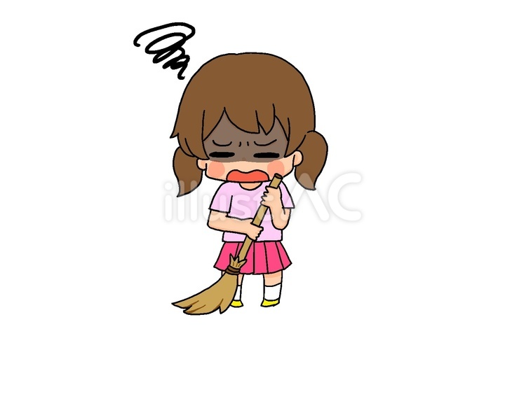 ほうき　やる気なし１ 手描き,女の子,茶髪のイラスト素材