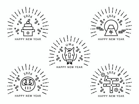 2026年 午年の年賀状 シンプルなロゴ 午年,年賀状,2026,馬,線画,午,ロゴ,鏡餅,富士山,だるまのイラスト素材