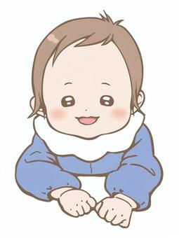 うつぶせでにっこり笑う男の子の赤ちゃん 赤ちゃん,うつぶせ,手描き,絵,挿絵,ベビー,笑顔,ロンパース,スタイ,乳児のイラスト素材