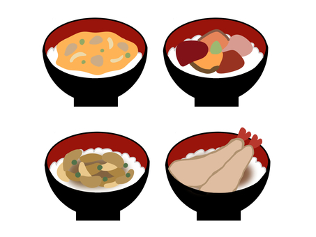 丼のイラスト 親子丼,海鮮丼,牛丼,天丼,食べ物,手描き,セット,イラストのイラスト素材