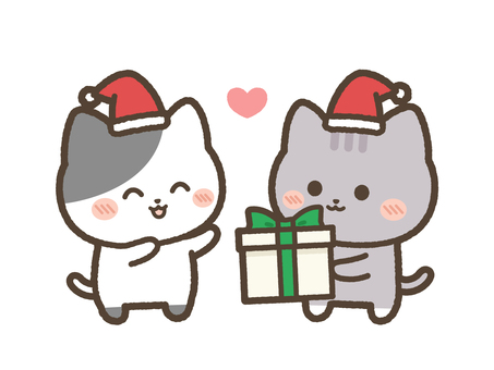 クリスマスプレゼントを渡すねこ ねこ,プレゼント,あげる,渡す,もらう,クリスマス,サンタ,表情,ニコニコ,嬉しいのイラスト素材