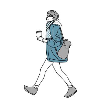 コーヒーを持って歩く女性 女性,全身,私服,スキニージーンズ,マフラー,サングラス,パーカー,コーヒー,歩く,秋のイラスト素材