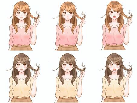 枝毛に悩む大人女性のイラスト素材セット3 枝毛,女性,髪の毛,アホ毛,ダメージヘア,ヘアケア,ロングヘアー,茶髪,黒髪,大人のイラスト素材
