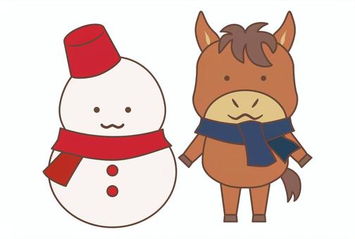 馬と雪だるま_主線あり 馬,午年,年賀状素材,雪だるま,干支,十二支,マフラー,巻く,全身,正面のイラスト素材