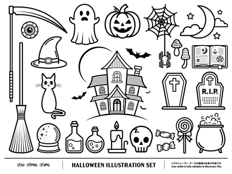 ハロウィンのイラストセット（モノクロ） ハロウィン,イラスト,セット,アイコン,おばけ,幽霊,ジャックオーランタン,かぼちゃ,パンプキン,魔女のイラスト素材