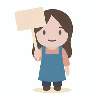 プラカードを持つ年配の店員 店員,女性,プラカード,看板,掲示,エプロン,店舗,仕事,接客,販売のイラスト素材