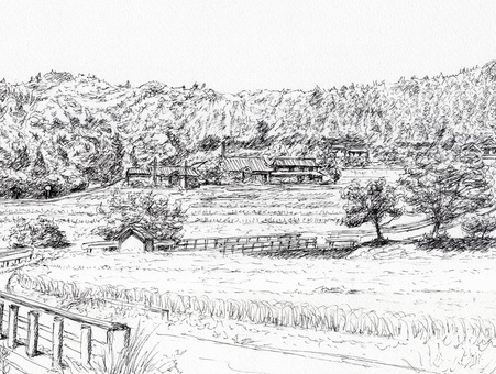 稲穂が育つ里山の風景 風景画,風景,スケッチ,ペンスケッチ,ペン画,線画,白黒,モノクロ,里山,田舎のイラスト素材