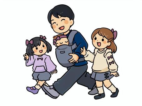 三姉妹のパパ パパ,三姉妹,姉妹,赤ちゃん,女の子,育児,小学生,散歩,家族,仲良しのイラスト素材