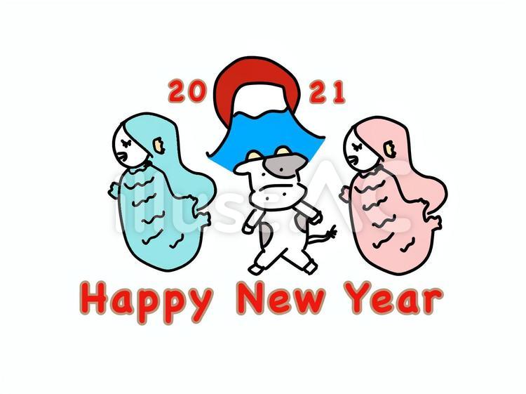 2021 年賀状素材　牛とアマビエ アマビエ,牛,年賀状のイラスト素材