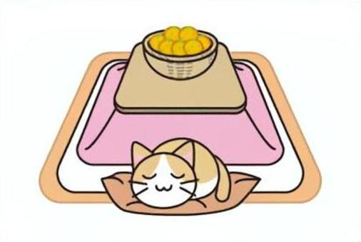 おこたの上にザルみかん+にゃんこのカード こたつ,みかん,ざる,猫,はちわれ,かわいいのイラスト素材