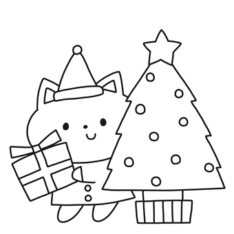 クリスマスツリーと猫 クリスマス,ツリー,猫,動物,プレゼント,冬,サンタ,帽子,モノトーン,塗り絵のイラスト素材