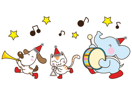 動物たちのパレード 犬,猫,ゾウ,動物,行進,パレード,クリスマス,クリスマスハット,お祝い,楽しいのイラスト素材