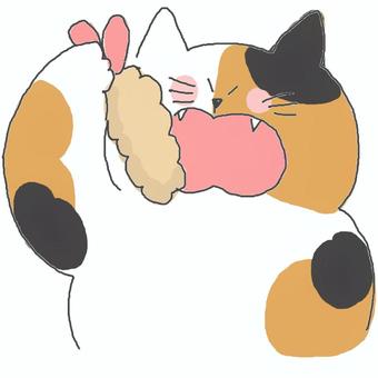 エビフライ かわいい,エビフライ,エビ,食べ物,食べる,いただきます,グルメ,食事,ねこ,三毛猫のイラスト素材
