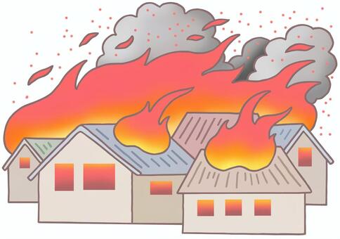 火事・家屋火災・延焼 火事,炎,家屋火災,家,延焼,類焼,大規模火災,煙,火の粉,イラストのイラスト素材