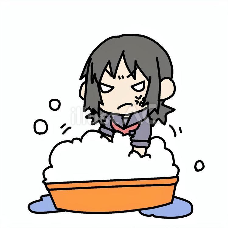 怒ってたらいを泡立てる学生少女 学生,たらい,怒るのイラスト素材