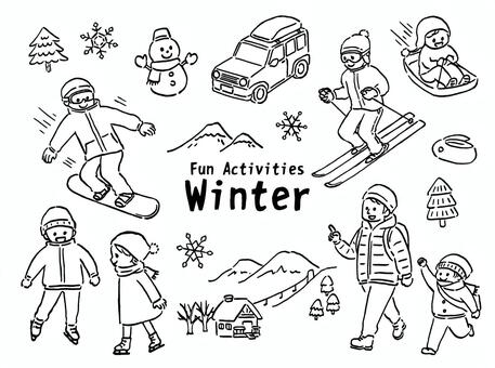 冬のお出かけ遊びセット　雪山 冬,雪,スキー,スノーボード,スケート,雪遊び,線画,そり,手書き,雪だるまのイラスト素材