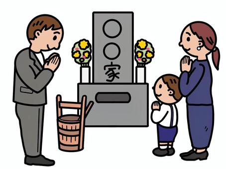 Illustration, a visit to a grave, family, obon tray, 