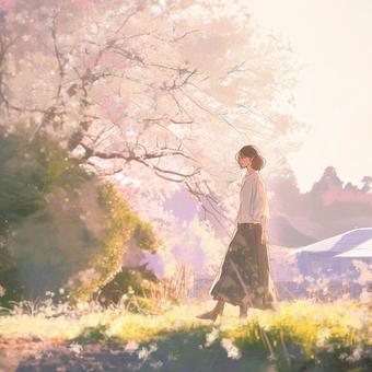 桜の花の下で歩く人 桜の花の下で歩く人 人物,風景,春のイラスト素材