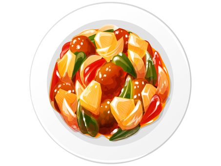 パイナップル入り酢豚2 酢豚,豚肉,パイナップル,ピーマン,パプリカ,玉ねぎ,甘酢あん,中華料理,料理,食べ物のイラスト素材