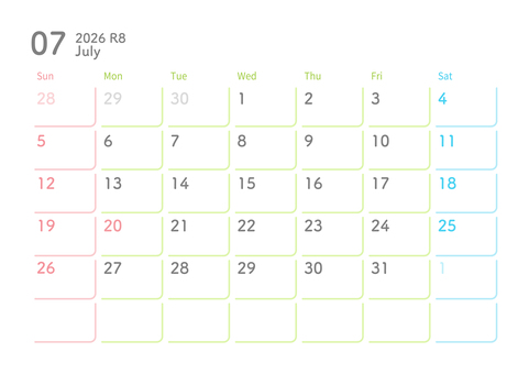 2026年7月カレンダー 日曜始まり カレンダー,2026年,2026年カレンダー,7月,夏,おしゃれ,かわいい,2026年7月カレンダー,シンプルカレンダー,壁掛けカレンダーのイラスト素材