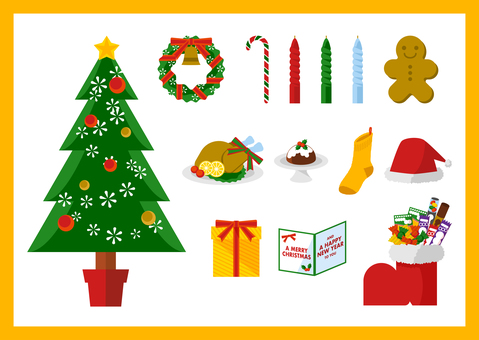 クリスマスモチーフの素材集 クリスマスモチーフの素材集 クリスマス,ツリー,リース,キャンディケイン,ツイストキャンドル,ジンジャーブレッドマン,丸焼き,クリスマスプディング,靴下,サンタの帽子のイラスト素材