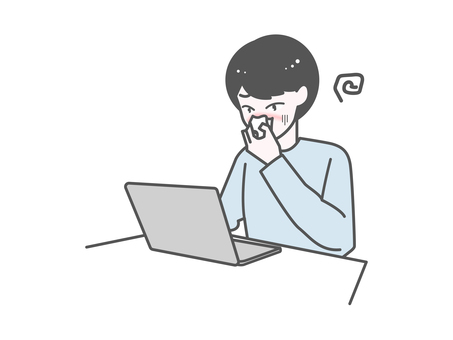 在宅PC作業男性｜体調不良・温かい飲み物 男性,pc,仕事,在宅,テレワーク,ビジネス,体調不良,休憩,風邪,鼻水のイラスト素材