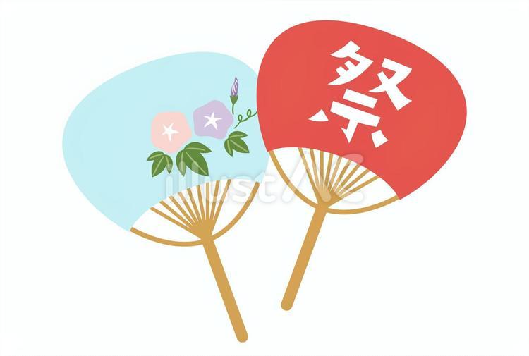 うちわ2種_お祭りと朝顔 うちわ,夏,2枚のイラスト素材