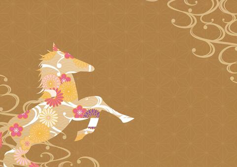 おしゃれな金色の花柄の馬の和風背景素材 午年,正月,和風,和柄,馬,花,渦,曲線,背景のイラスト素材