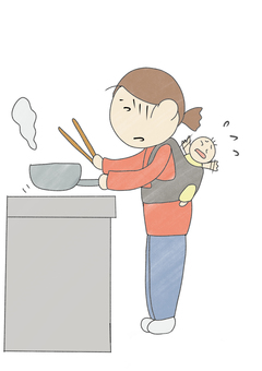 料理中の主婦 家事,料理,育児,疲れた,手描きのイラスト素材