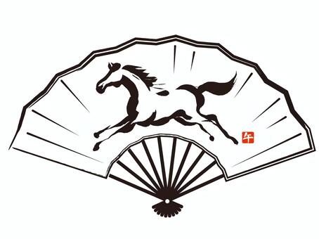 筆で描いたシンプルな馬と扇 午,午年,シルエット,馬,扇,年賀状,2026,２０２６年,和風,和のイラスト素材