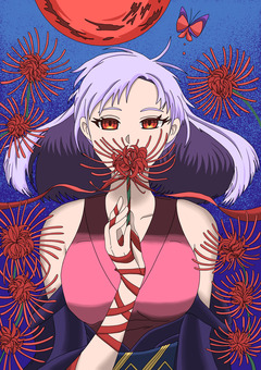 ヒガンバナ ヒガンバナ,彼岸花,女の子,ちょうちょ,赤い月のイラスト素材