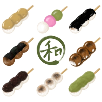 串団子色々　和のロゴ　背景色無し 串団子,和菓子,みたらし,餡子,黒胡麻,磯辺焼き,ずんだ,三色,栗餡,ロゴのイラスト素材