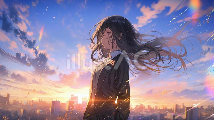 夕焼けと女子高生2 人物,女子高生,可愛いのイラスト素材