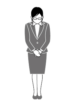 お辞儀するスーツの女性(モノクロ) お辞儀,敬意,感謝,スーツ,女性,1人,全身,人,人物,メガネのイラスト素材