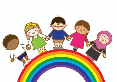 虹の上に立つ多国籍の子供達 平和,虹,多様性,平等,人種,多民族,多国籍,多人種,世界,協定のイラスト素材