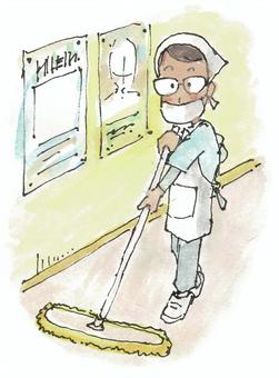 廊下清掃する人001 清掃,モップ,掃除,廊下,パートのイラスト素材
