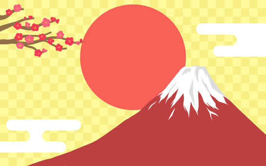 赤富士正月背景梅 赤富士,富士山,梅,正月,年末年始,年明け,新年,あけおめ,壁紙,手書きのイラスト素材