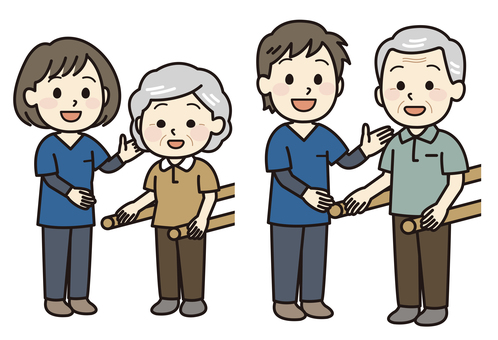 リハビリ中のシニアと理学療法士 理学療法士,シニア,介護,お年寄り,男性,女性,人物,作業療法,物理療法,運動機能のイラスト素材