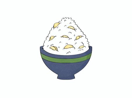 お茶碗いっぱいの栗ごはん　藍色 栗,白ご飯,白米,お茶碗,和食,日本食,炊きたて,朝ごはん,昼ごはん,夕ごはんのイラスト素材