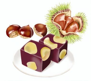栗の実と栗ようかんのイラスト 栗,ようかん,秋,食べ物,スイーツ,和菓子,あんこ,小豆,木の実,イラストのイラスト素材