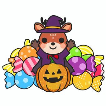 ハロウィングッズで楽しそうなシカ ハロウィン,コスプレ,マント,帽子,ジャックオランタン,橙,オレンジ,10月,行事,季節のイラスト素材