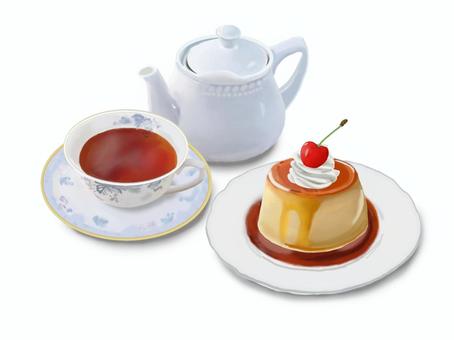 昭和レトロなプリンと紅茶のセット プリン,紅茶,カフェ,手書き風,洋食,洋菓子,デザート,甘い,喫茶,喫茶店のイラスト素材