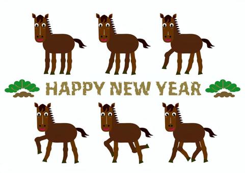 午年の茶色の馬が歩く干支の可愛い年賀状