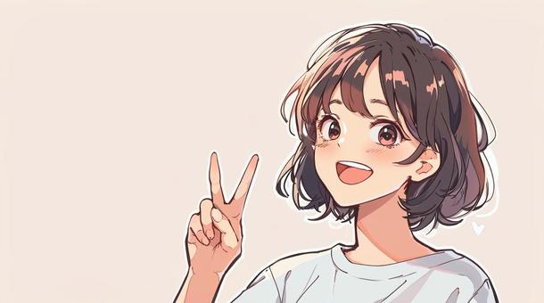 ピースサインをする若い女性 白Tシャツ