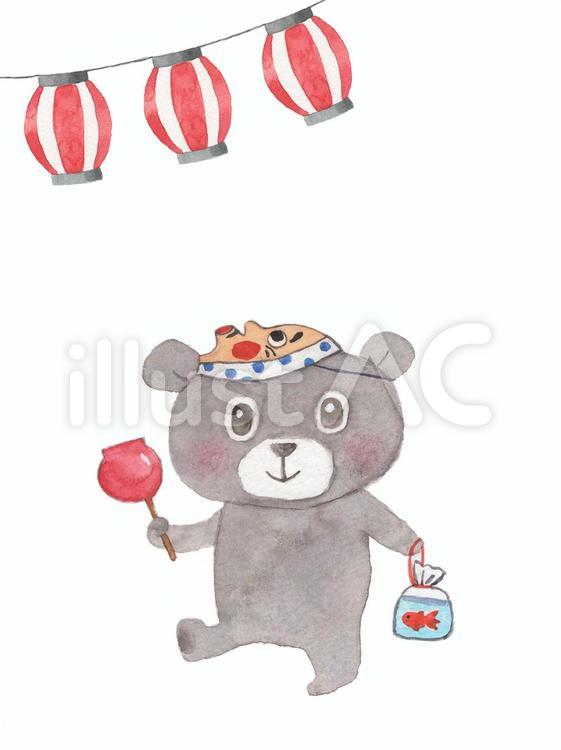 くまとお祭り くま,祭り,ちょうちんのイラスト素材