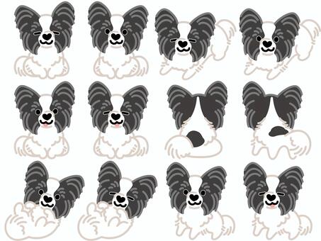 ハート鼻のパピヨン（セット）3 パピヨン,犬,動物,ハート,鼻,おすわり,ふせ,立つ,ゴロン,寝転がるのイラスト素材