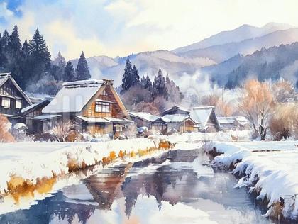 風情のある冬の田舎の水彩画風イラスト