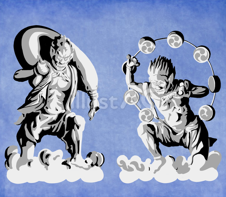 風神雷神　白黒リアル 風神,雷神,シルエットのイラスト素材