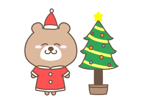 サンタくまとツリー 熊,サンタ,クリスマス,ツリー,笑顔,かわいい,ゆるい,イラスト,手書き,挿絵のイラスト素材