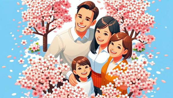 Illustration, cherry-blossom viewing, family, parenting, 